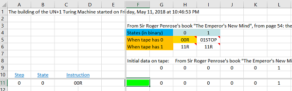 Turing Machine UN+1 in Excel